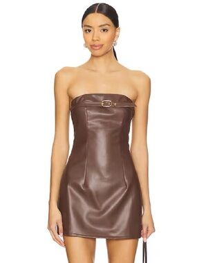 Superdown McKay Brown Faux Leather Strapless Mini Dress Belted Size M